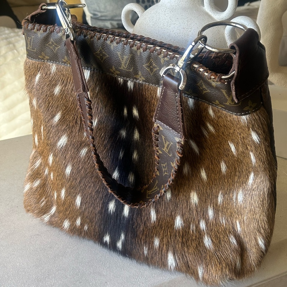 Axis Deer Hide Tooled Leather Tote Upcycled Louis Vuitton Inserts - Picture 11 of 17